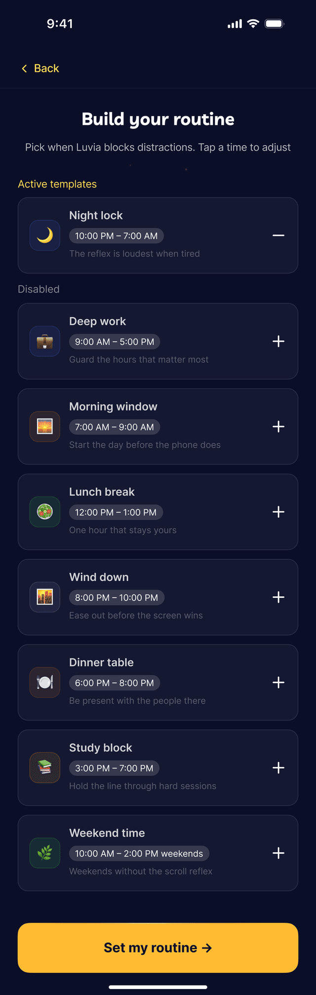 Luvia — build your routine: Night lock, Deep work, Morning window and more, with Set my routine button