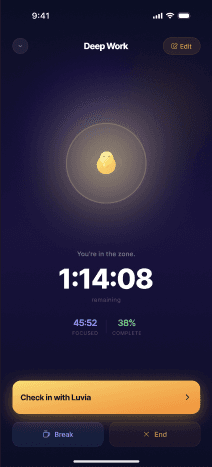 Luvia focus session — the firefly holds a Deep Work block with 1:14:08 remaining
