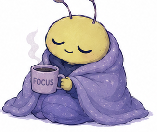 Luvia mascot wrapped in a blanket holding a FOCUS mug